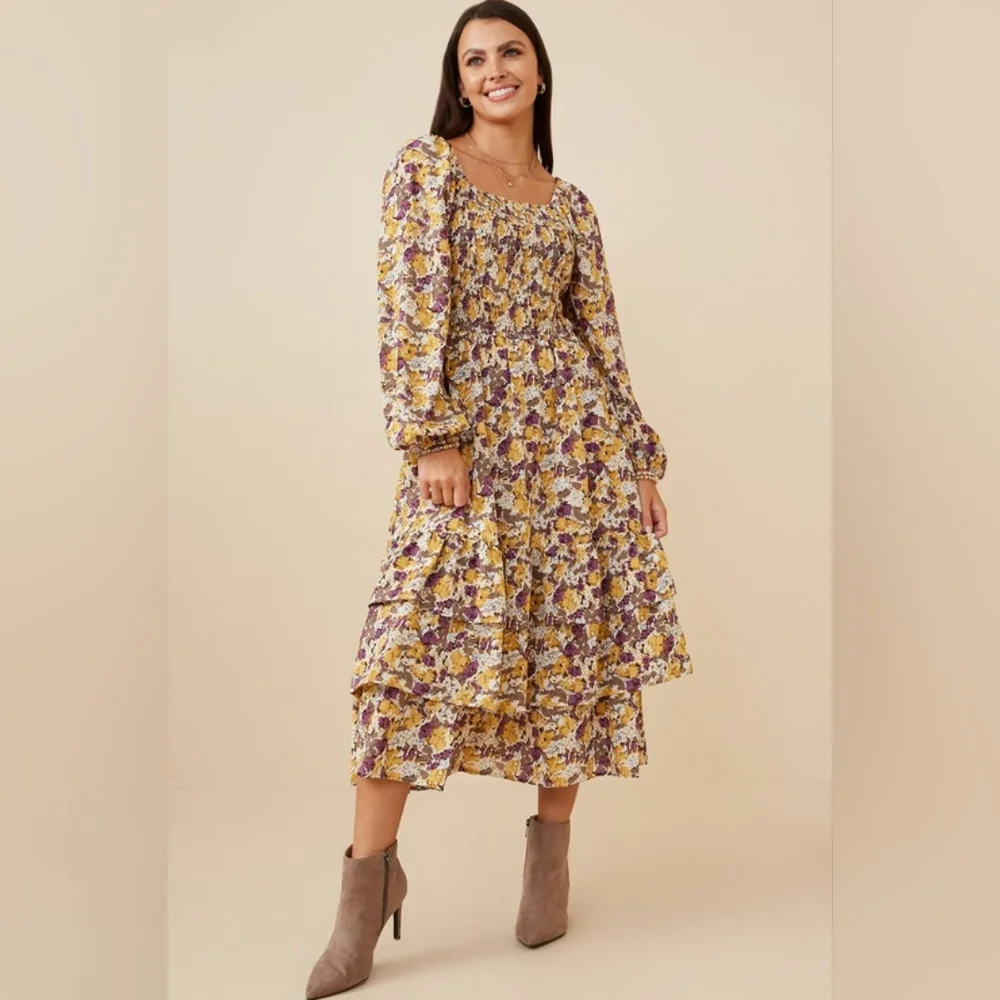 Maternity Dress Long Sleeve Midi Dress Maternity Square Neck - Picture 1 of 5